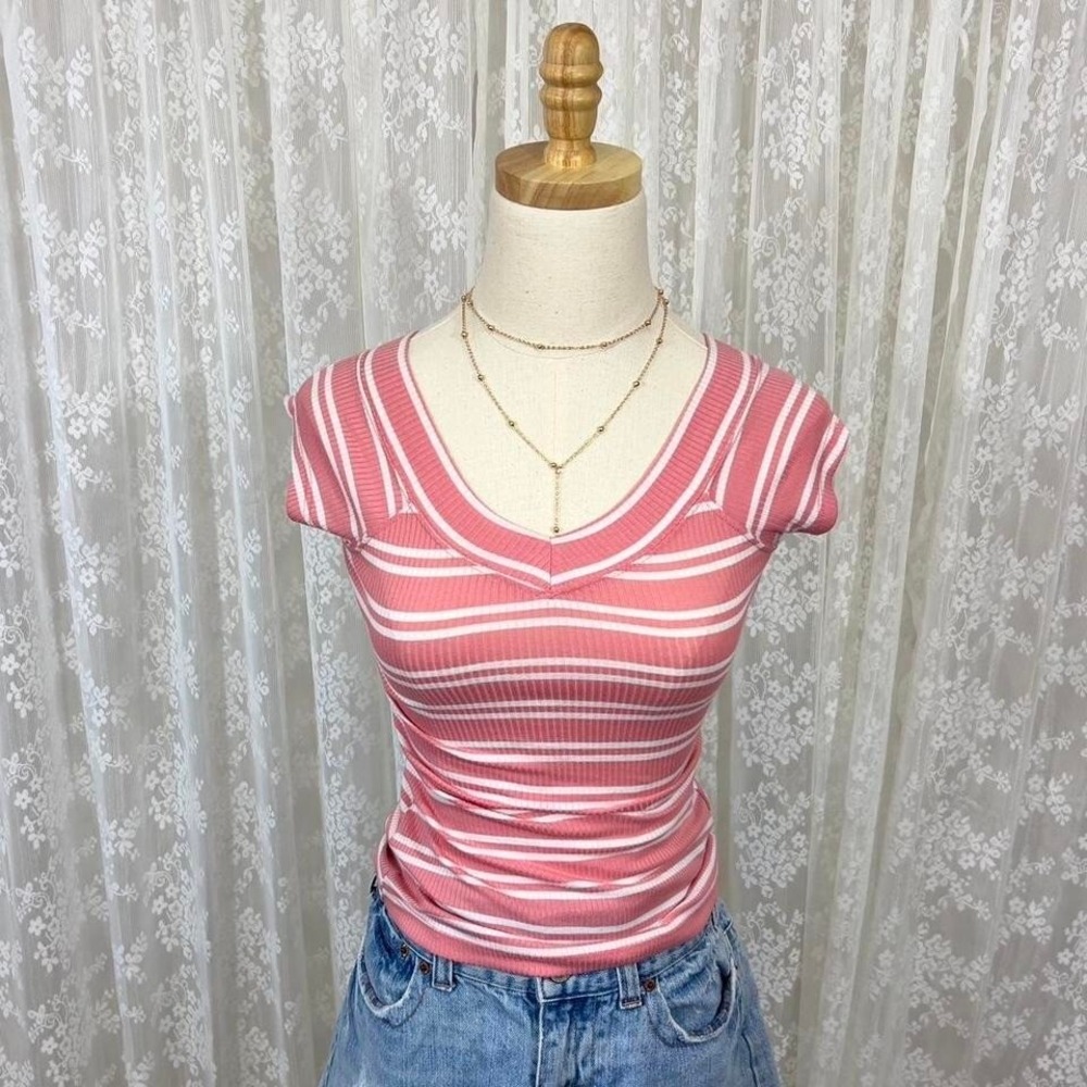 BDG Urban Outfitters Pink White Striped Shannen Top‎ Women's S V Neck Cap Sleeve